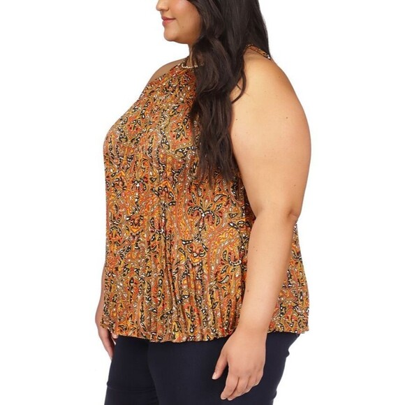 Michael Kors Women's Plus Size Pleated Printed Chain-Neck Top  Blouse Brown 3X - Picture 3 of 11